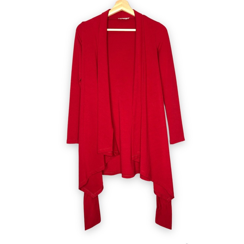 Vintage Women Red Cardigan Jacket Long Sleeve Drapped neck open front tie waist